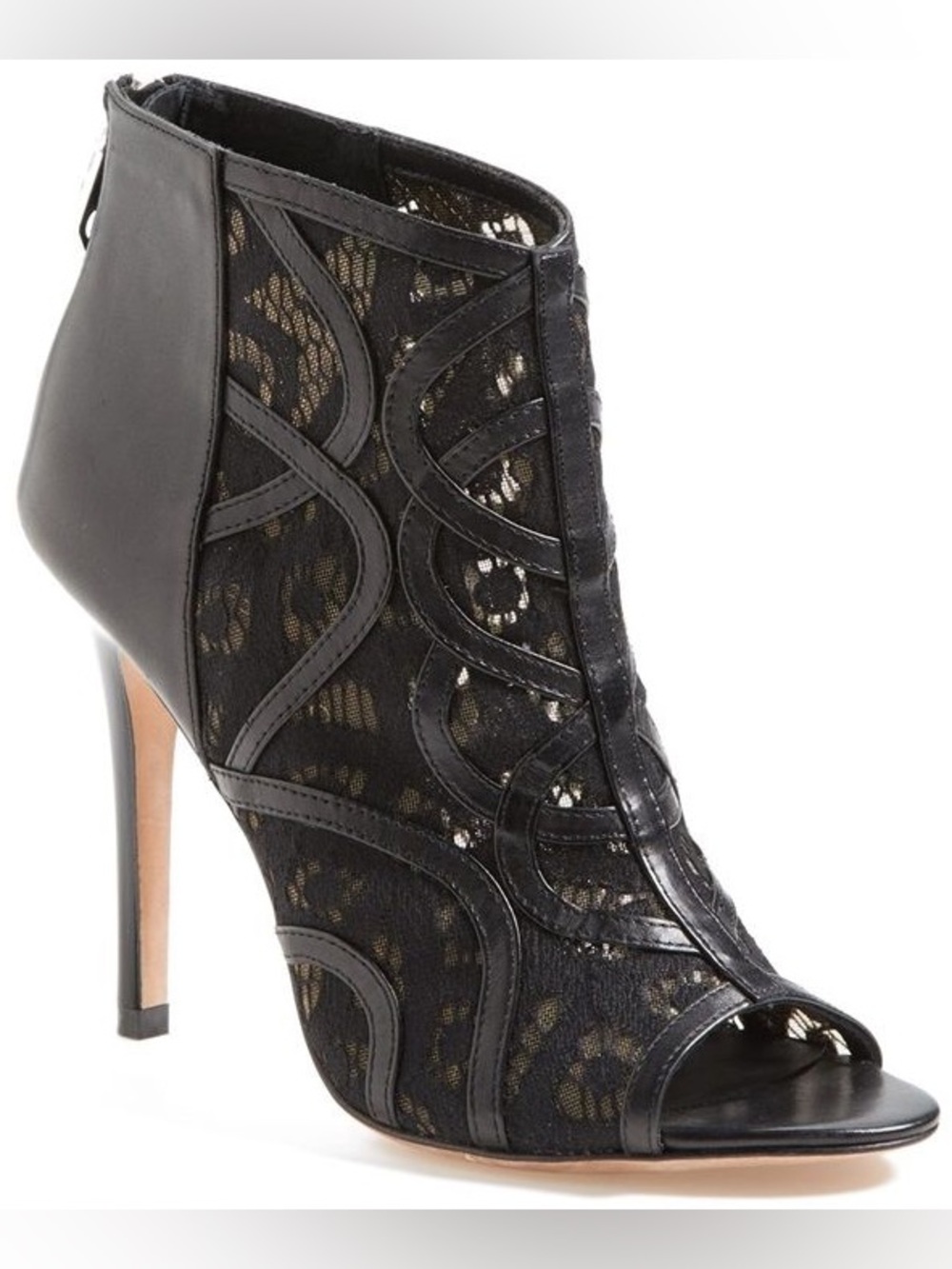 REBECCA MINKOFF LEATHER AND LACE OPEN TOE HEELS